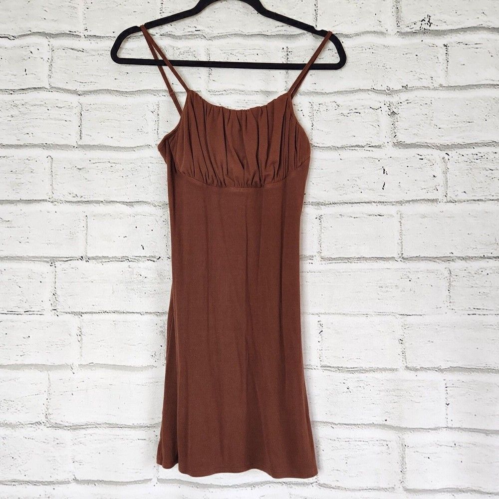 Kendall & Kylie Brown Spaghetti Strap Shirred Knit Mini Dress Small Babydoll